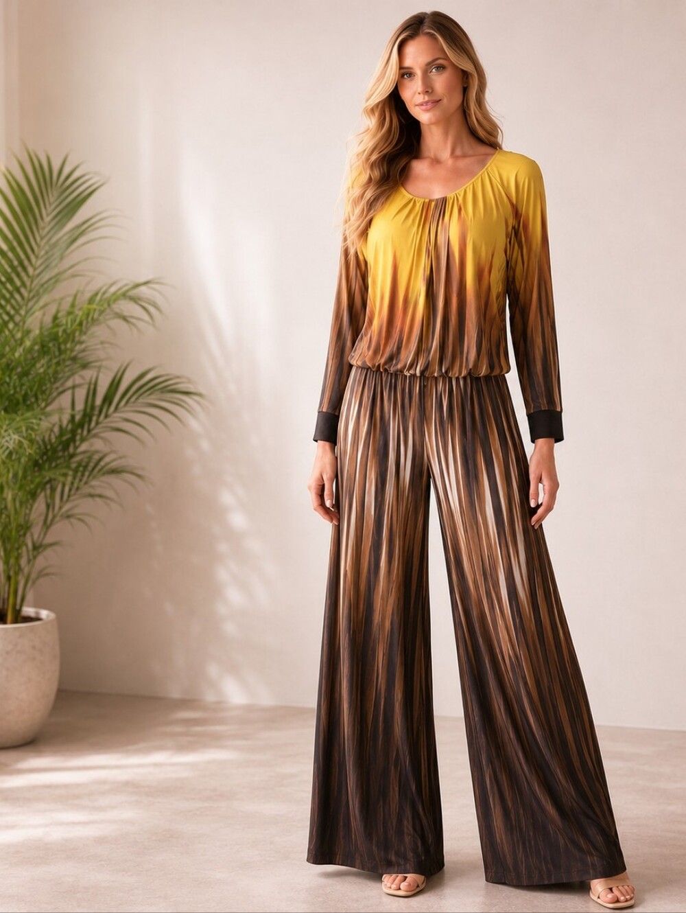 Milano XL Ombre Stripe Wide Leg Jumpsuit Stretch Brown Gold Boho Resort #938